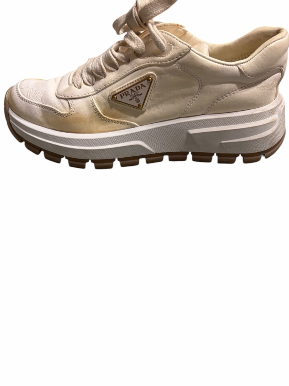 Prada Women’s Cream and Gold Leather Platform Sneakers - Picture 5 of 13